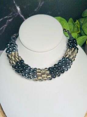 Beaded Necklace with Tan, Black, and Gray Beads